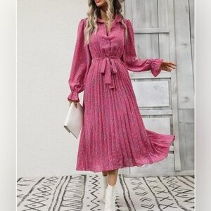 Hapsho Pink Floral PLEATED LONG SLEEVE DRESS SIZE S.